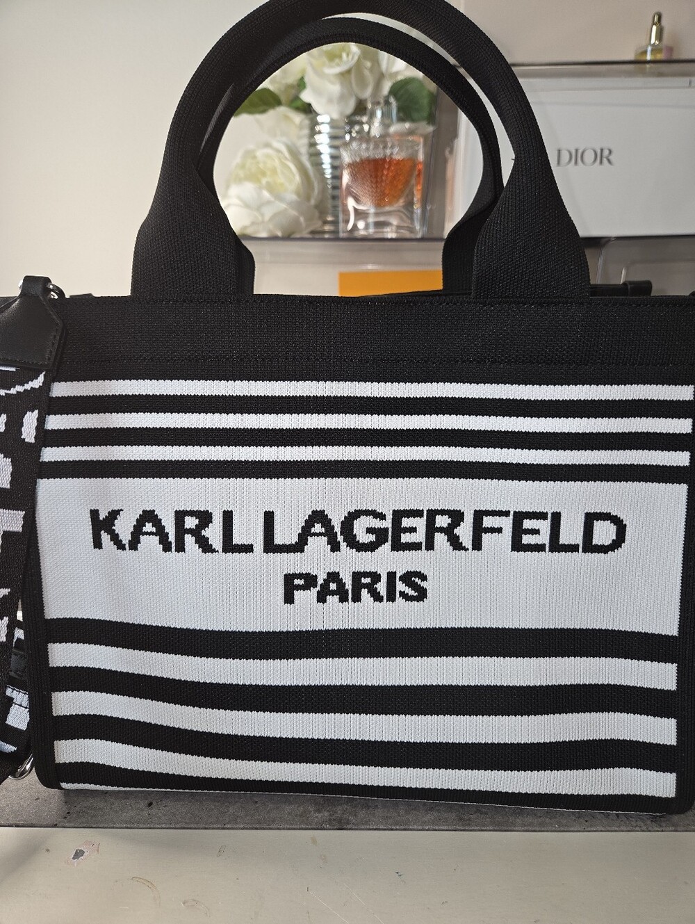Karl Lagerfeld Paris Black & White Striped Tote Bag